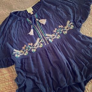 Boho peasant gauze embroidered pleated top